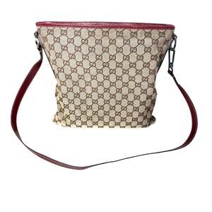 Authentic Gucci GG Canvas Shoulder Bag Brown Monogram with Burgundy Leather Trim